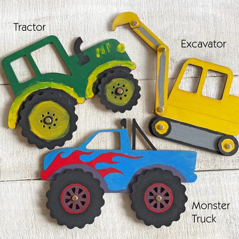 Pack of 3 wooden Excavator, monster and tractor vehicle